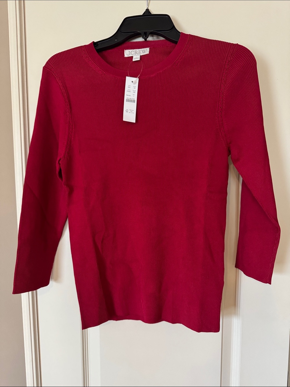 J. Crew Red Ribbed Long-Sleeve Crewneck Top